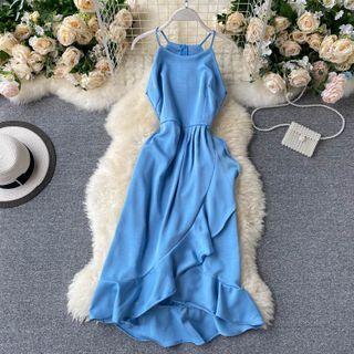 Halter-neck Ruffle Trim Midi A-line Dress