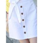 Buttoned Linen Miniskirt With Sash