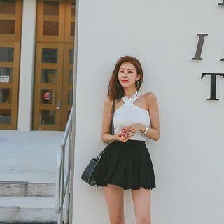 Band-waist Fluttered Linen Blend Shorts