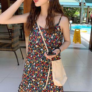 Spaghetti Strap Floral A-line Midi Dress As Shown In Figure - One Size