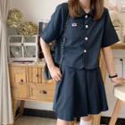 Set: Pocket Detail Short-sleeve Shirt + High Waist A-line Skirt