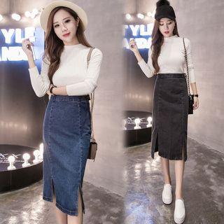 High-waist Split Hem Slim Fit Denim Skirt