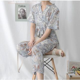 Printed Short Sleeve Wide Leg Jumpsuit Light Blue - One Size