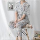 Printed Short Sleeve Wide Leg Jumpsuit Light Blue - One Size