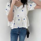 Short-sleeve Floral Embroidery Blouse Blue Floral - White - One Size
