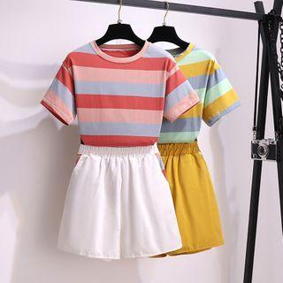 Set: Striped Elbow-sleeve T-shirt + High-waist Shorts