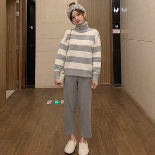 Striped High-neck Sweater + Straight Cut Pants