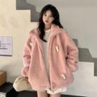 Long-sleeve Bear Print Fleece Lined Jacket Pink - One Size