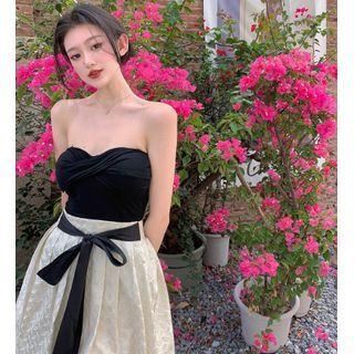 Twisted Tube Top / Pleated Midi Skirt With Tie