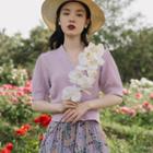 Set: Elbow-sleeve Buttoned Blouse + Floral Print A-line Midi Dress
