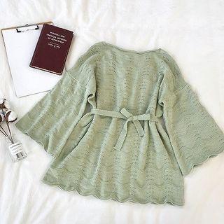 Ribbon Lace-up Cut Out Flare-sleeve Knit Top