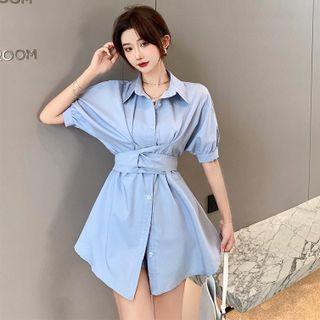 Set: Waist-details Mini Shirtdress + Wide-leg Shorts