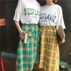 Set: Print Short-sleeve T-shirt + Plaid Midi Skirt