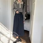 Striped Long-sleeve Polo-shirt / A-line Denim Skirt