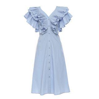 Cap-sleeve Ruffled Button-up Midi A-line Dress