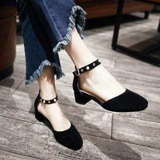 Studded Ankle Strap Low Heel Pumps