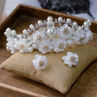 Set: Faux Pearl Flower Wedding Tiara + Stud Earring White - One Size