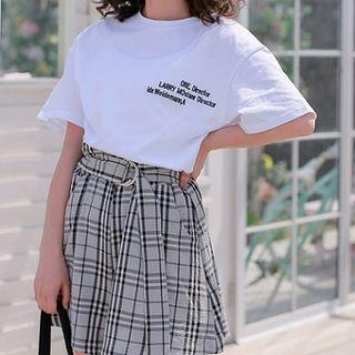 Set: Lettering Short Sleeve T-shirt + Plaid Skort