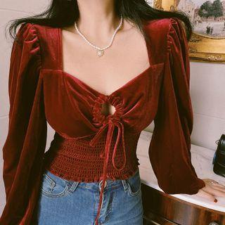 Long-sleeve Drawstring Cutout Velvet Crop Top