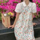 Puff-sleeve Collared Blouse / Floral Print Midi A-line Overall Dress
