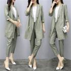Set: Open Front 3/4-sleeve Blazer + Cropped Straight-fit Pants