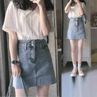 Set: Short-sleeve Blouse + Denim Mini A-line Skirt