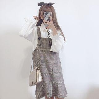 Plaid Pinafore Dress / Plain Lace Up Blouse