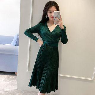 Long-sleeve Glitter Midi A-line Pleated Knit Dress
