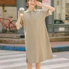 Elbow-sleeve Frill Trim Polo Shirt Dress
