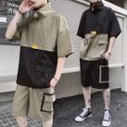 Set: Elbow-sleeve Contrast-color Top + Cargo Shorts