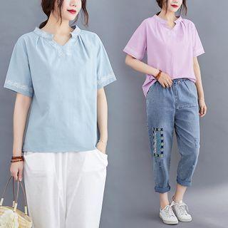 Plain Semi Split-neck Short-sleeve T Shirt