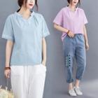 Plain Semi Split-neck Short-sleeve T Shirt