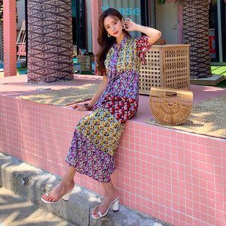 Color-block Floral Maxi Dress Multicolor - One Size