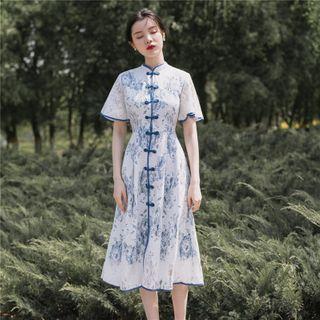 Elbow-sleeve Frog Button Midi A-line Lace Dress