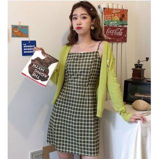 Embroidered Button Jacket / Spaghetti Strap Mini Plaid Dress