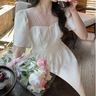 Short-sleeve V-neck Mesh Panel Midi A-line Dress