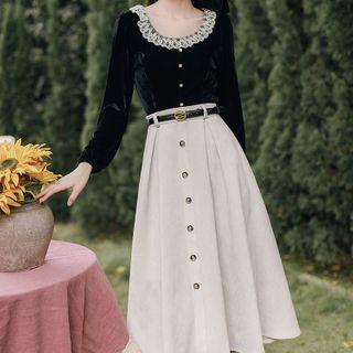 Set: Lace Trim Velvet Blouse + Midi A-line Skirt