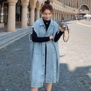 Sleeveless Single-breasted Midi Denim Vest