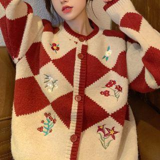 Embroidered Argyle Buttoned Knit Cardigan