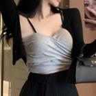 Long-sleeve Plain Cropped Cardigan/ Cropped Camisole Top / High-waist Plain Slit Midi Skirt