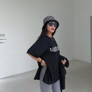 Round-neck Printed Letter Split Oversize Top Black - One Size