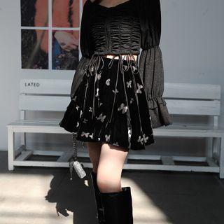 Butterfly Print Mini A-line Velvet Skirt