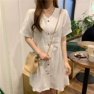 Short Sleeve V-neck Button A-line Dress