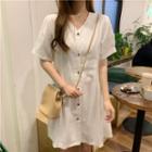 Short Sleeve V-neck Button A-line Dress
