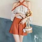 3/4-sleeve Cold Shoulder Color Block Ruffled Swimdress