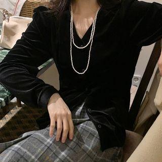 Long Sleeve V-neck Velvet Shirt Black - One Size