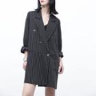 Double-breasted Striped Long Blazer With Sash