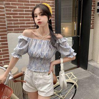 Short-sleeve Off-shoulder Floral Shirred Blouse