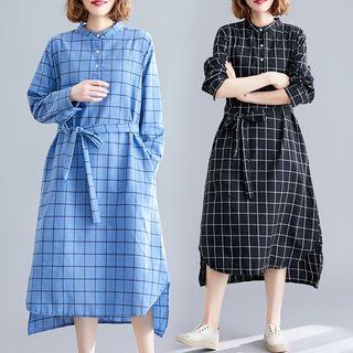 Plaid Stand-collar Shirt Long-sleeve Dress