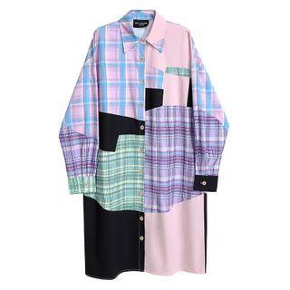 Long-sleeve Plaid Panel Midi Shirtdress Blue & Pink & Purple - One Size